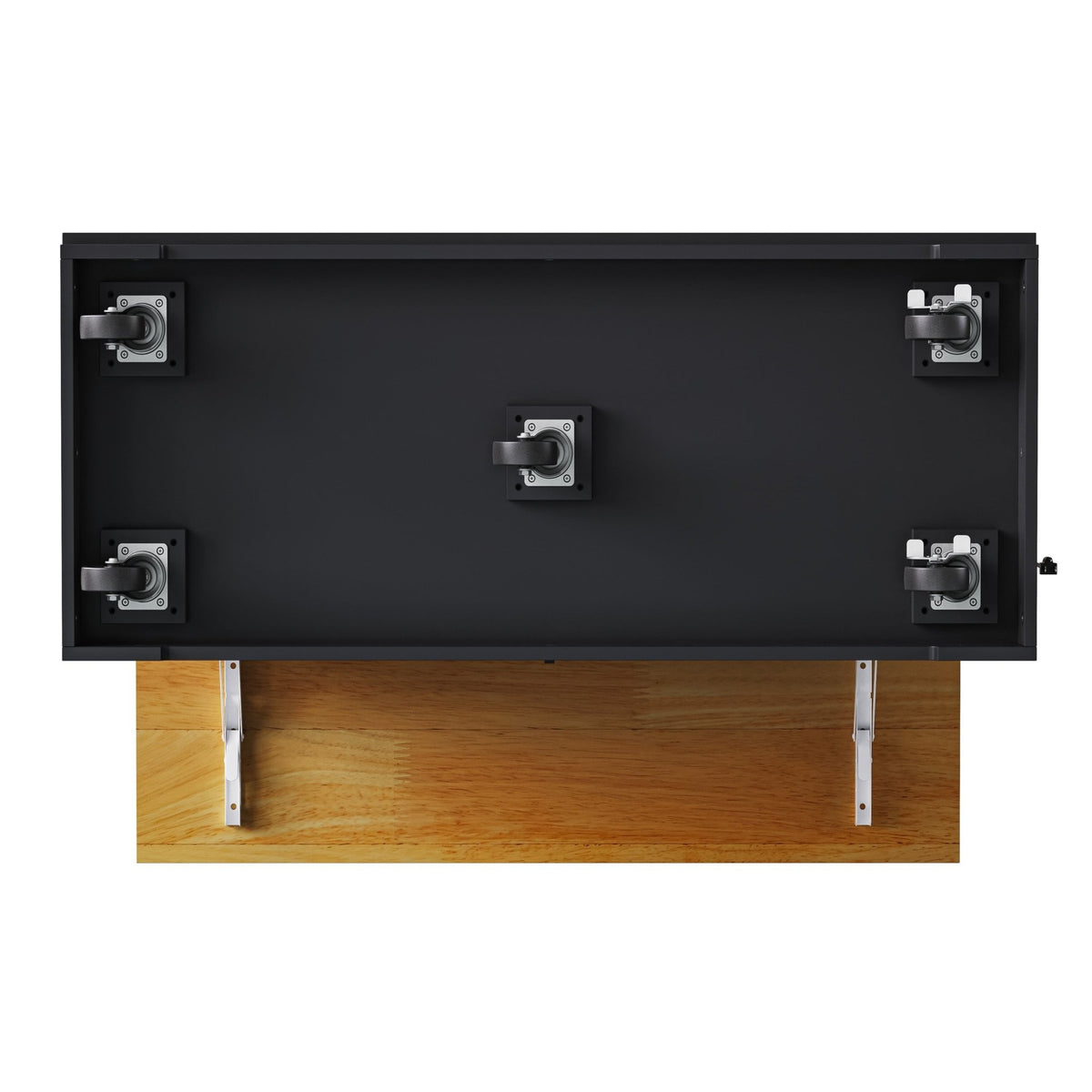 Matte black kitchen island with drop leaf and storage, designed by Anthony & Home, shown in a modern kitchen setting.