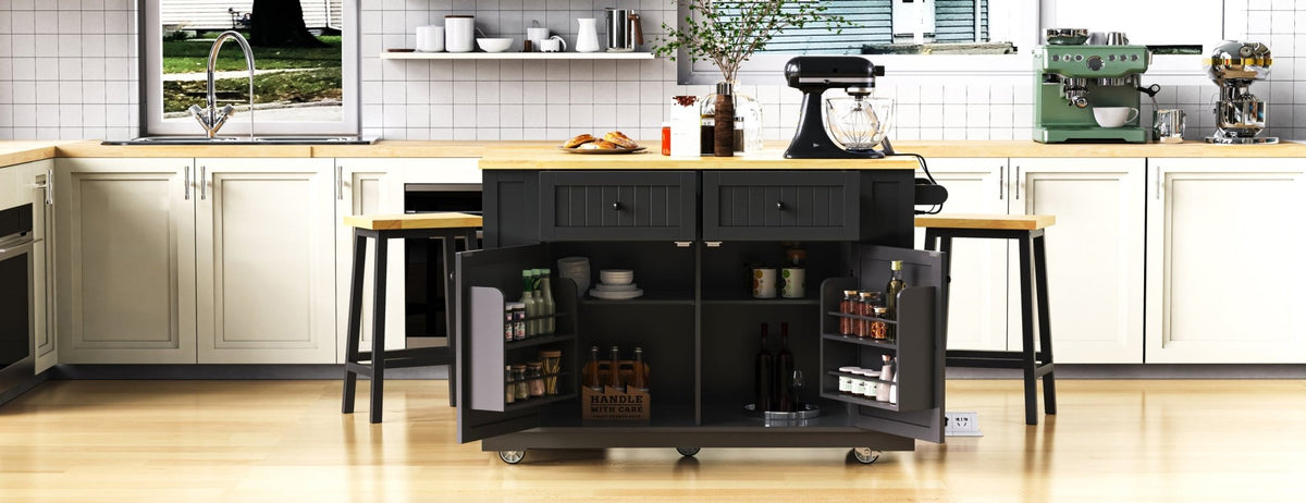 Matte black kitchen island with drop leaf from Anthony & Home, featuring a sleek, modern design and ample workspace.