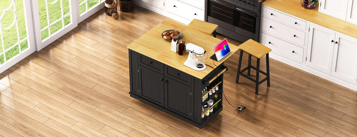 Limited edition matte black kitchen island with drop leaf by Anthony & Home, featuring a modern design and storage space.