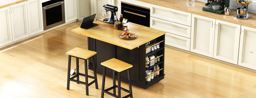 Matte black kitchen island with drop leaf, Anthony & Home limited edition, featuring a modern design and sturdy wooden construction.