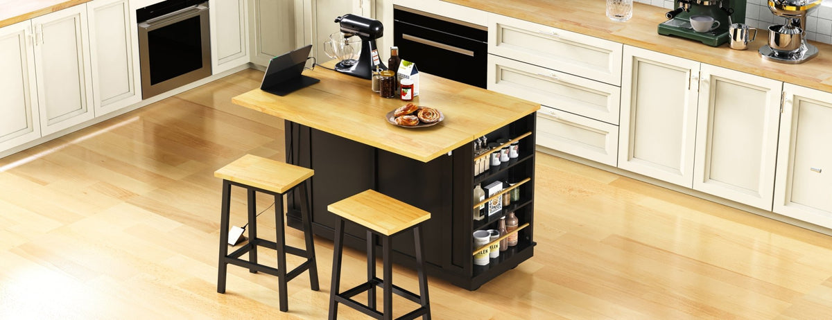Matte black kitchen island with drop leaf, Anthony & Home limited edition, featuring a modern design and sturdy wooden construction.