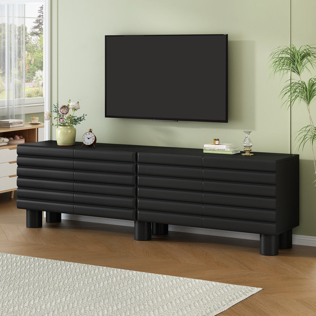 Anthony & Home matte black MDF media console with cylindrical legs, designed for TVs up to 75 inches.