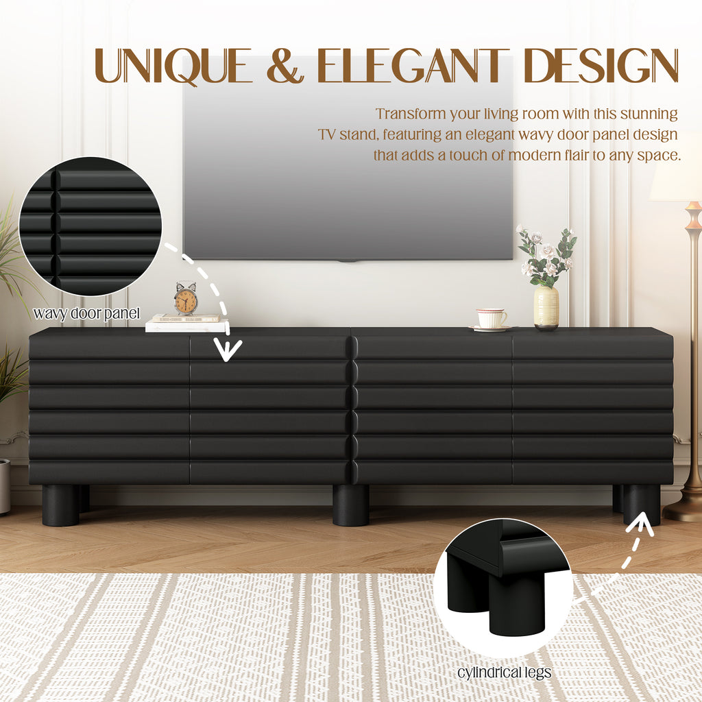 Anthony & Home matte black MDF media console with cylindrical legs, designed for TVs up to 75 inches, modern and stylish.