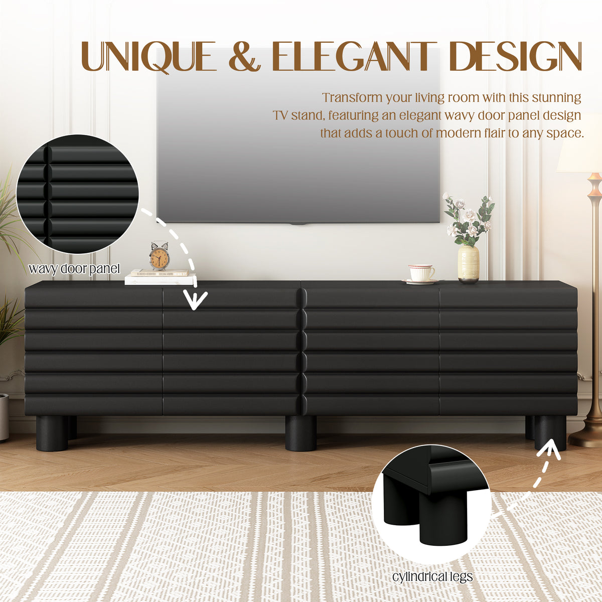 Anthony & Home matte black MDF media console with cylindrical legs, designed for TVs up to 75 inches, modern and stylish.
