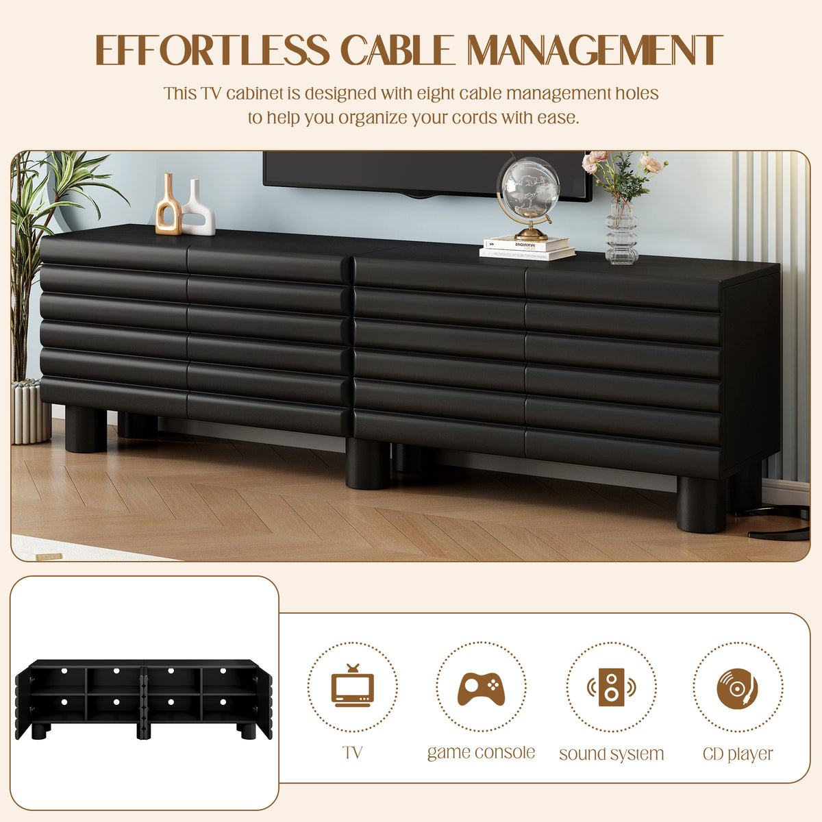 Anthony & Home limited edition matte black MDF media console with cylindrical legs for TVs up to 75 inches