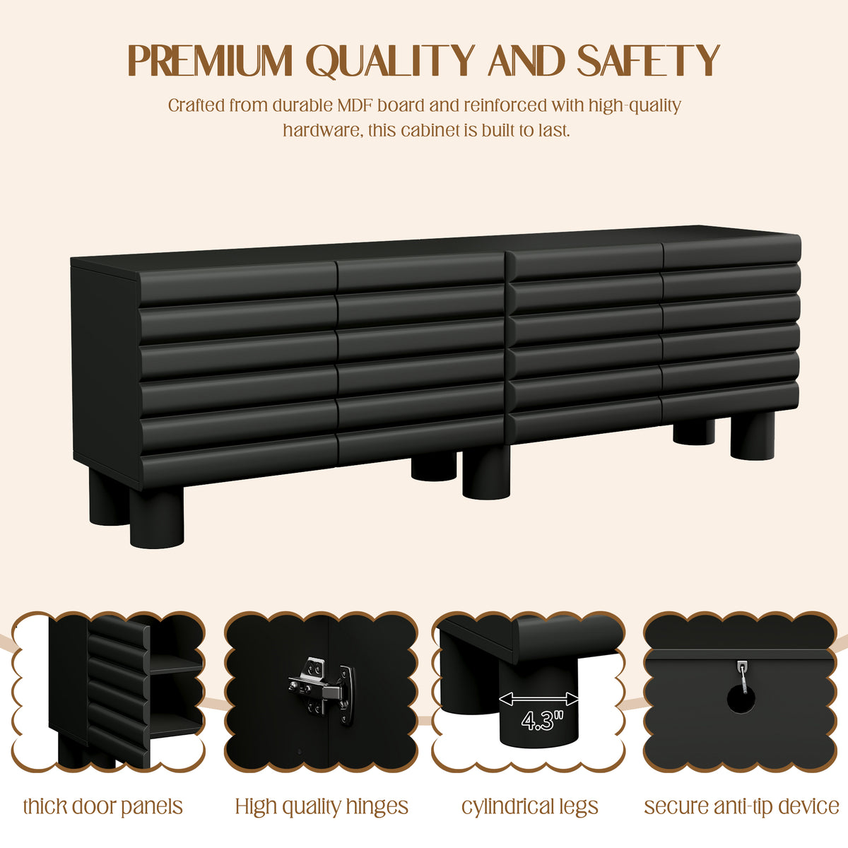 Anthony & Home matte black MDF media console with cylindrical legs, designed for TVs up to 75 inches.