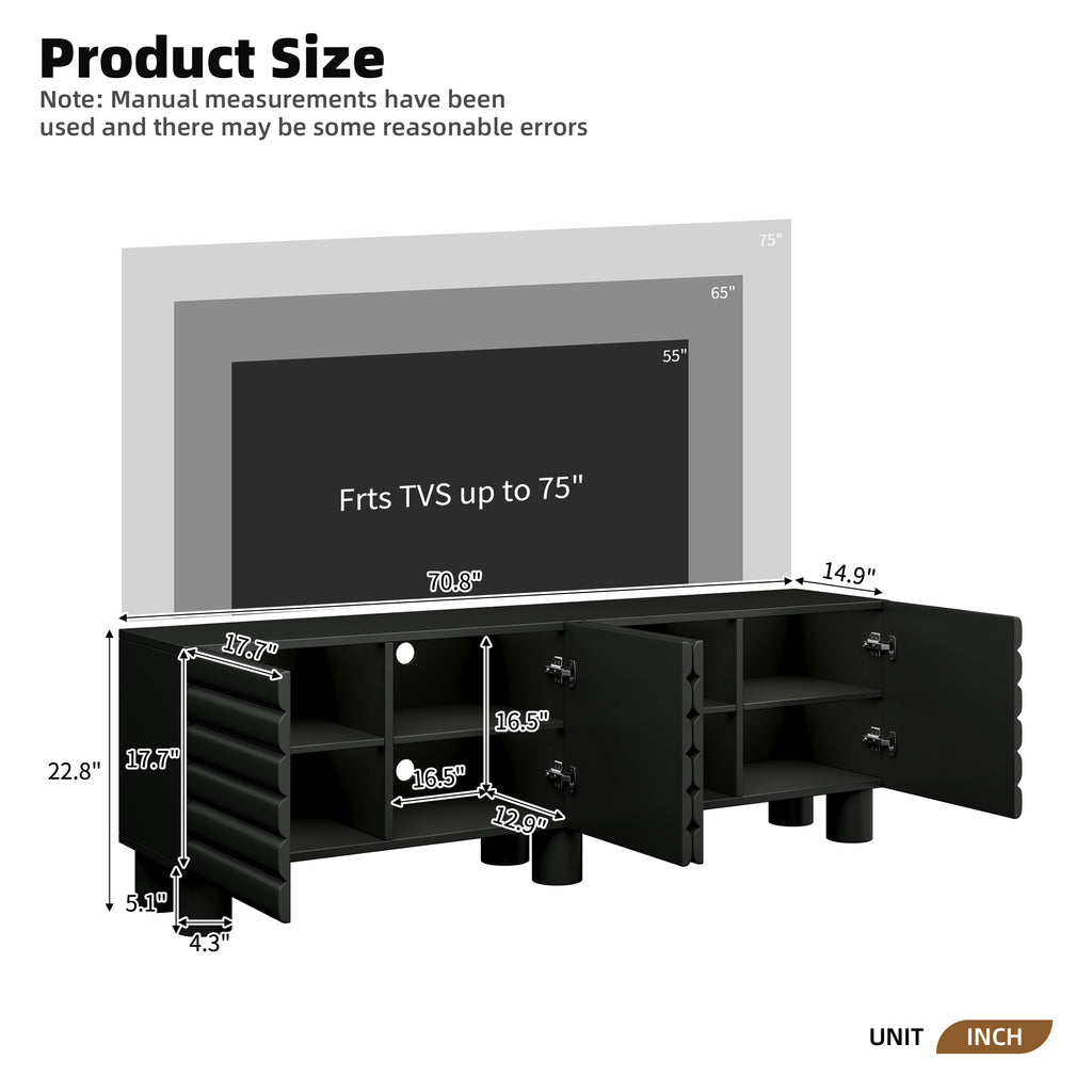 Anthony & Home matte black MDF media console with cylindrical legs, designed for TVs up to 75 inches.