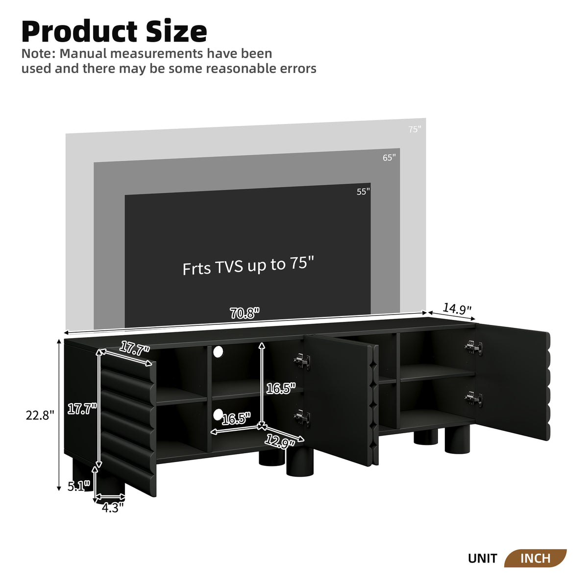 Anthony & Home matte black MDF media console with cylindrical legs, designed for TVs up to 75 inches.