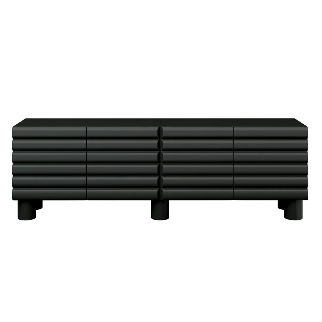 Anthony & Home matte black MDF media console with cylindrical legs, suited for TVs up to 75 inches.