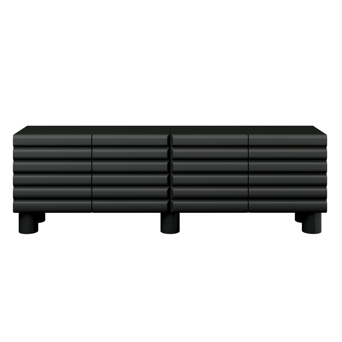 Anthony & Home matte black MDF media console with cylindrical legs, suited for TVs up to 75 inches.