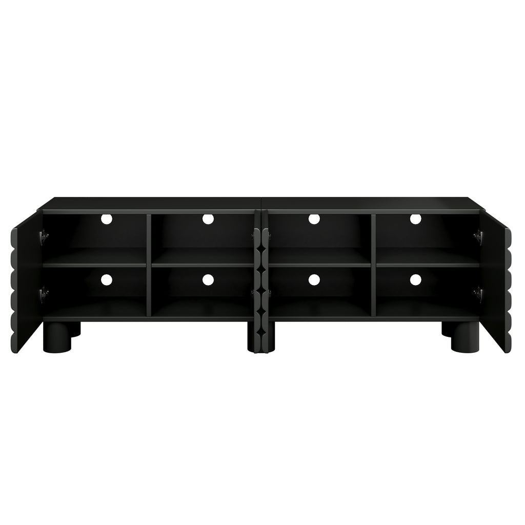 Anthony & Home matte black MDF media console with cylindrical legs, designed for TVs up to 75 inches.