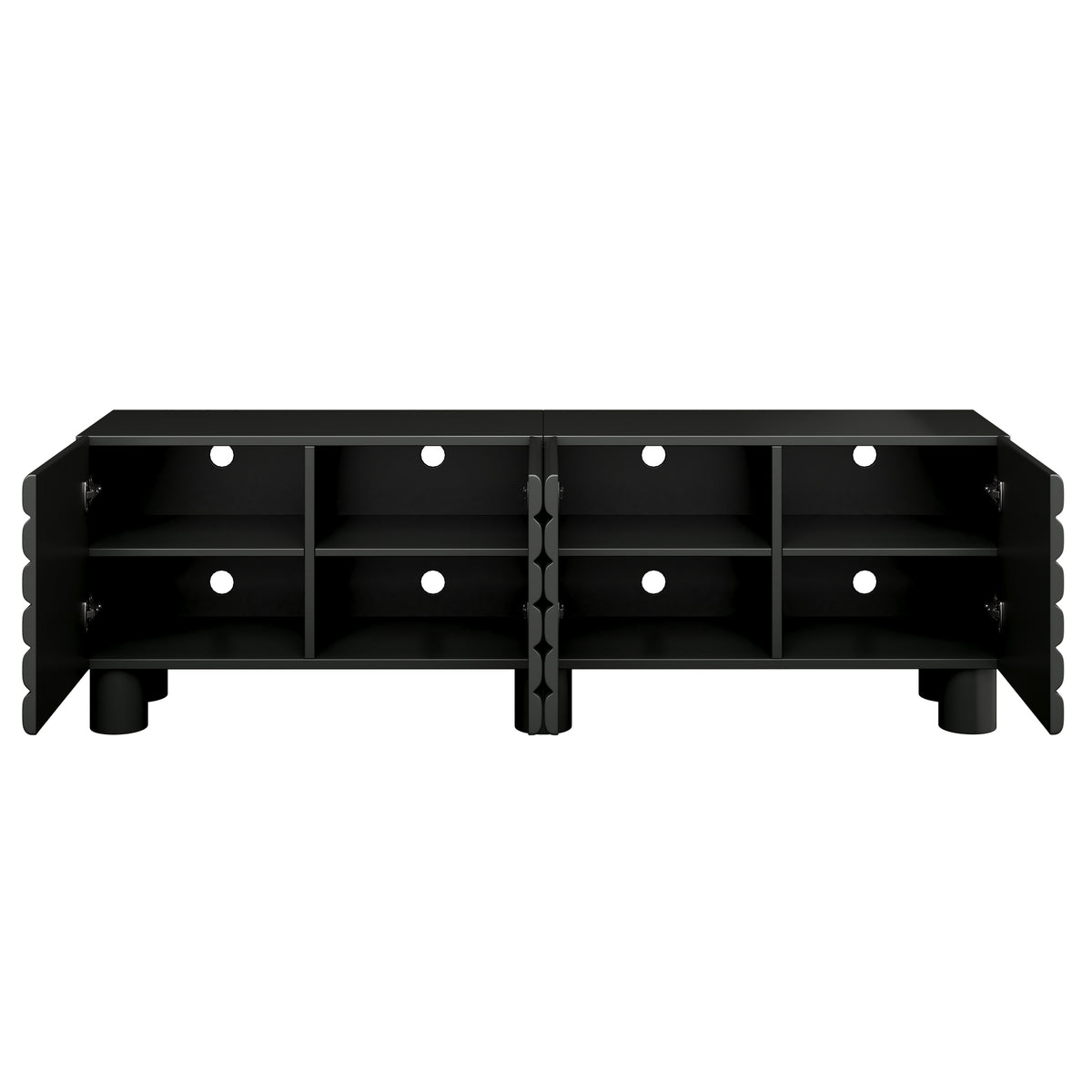 Anthony & Home matte black MDF media console with cylindrical legs, designed for TVs up to 75 inches.