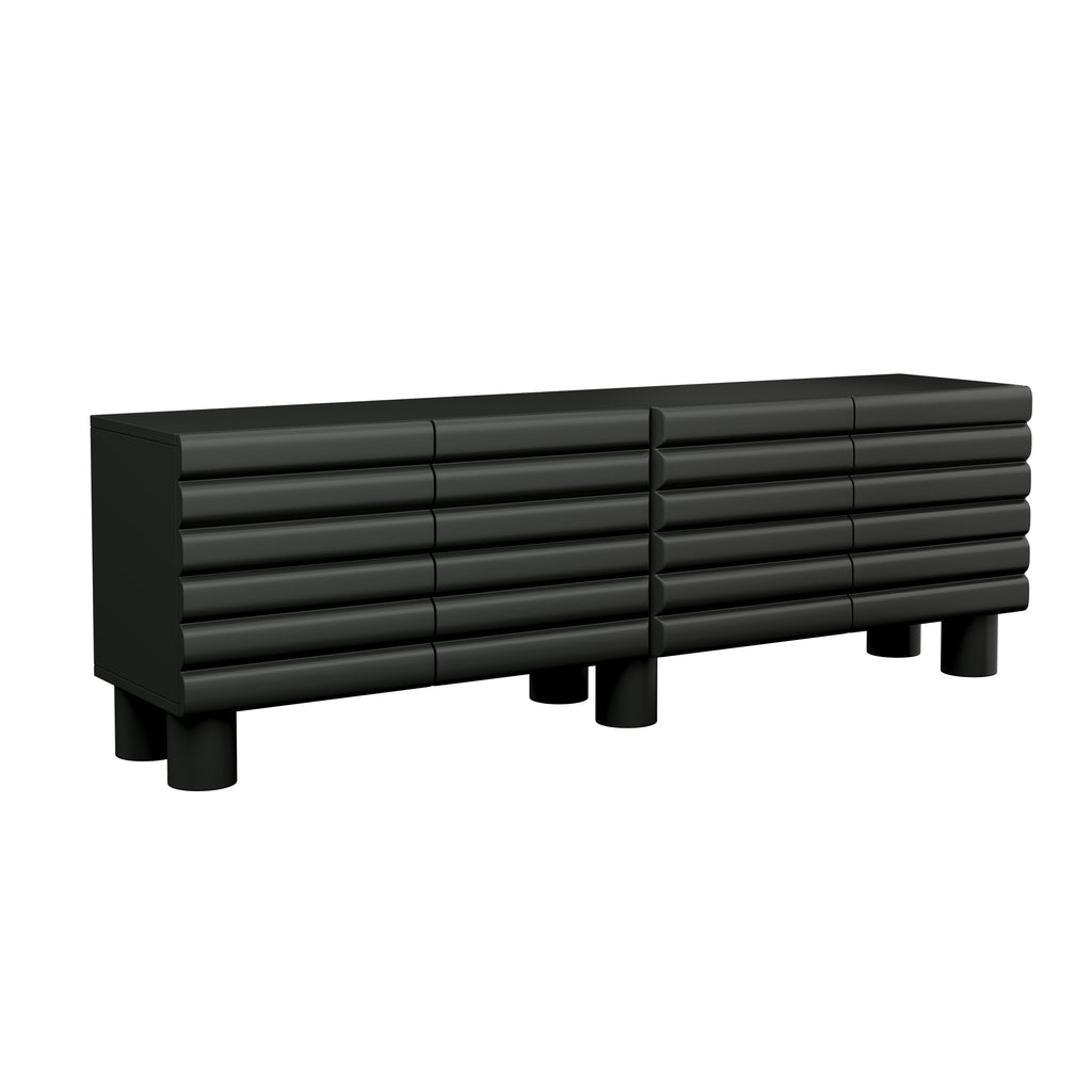 Anthony & Home matte black MDF media console with cylindrical legs for TVs up to 75 inches, modern and stylish home entertainment furniture.
