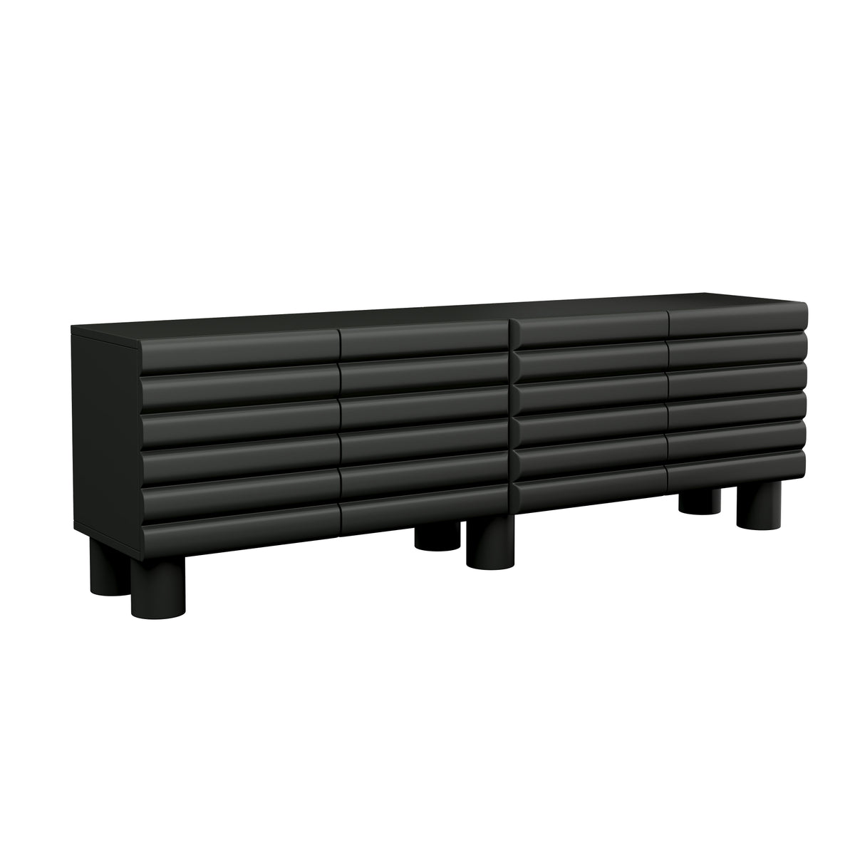 Anthony & Home matte black MDF media console with cylindrical legs for TVs up to 75 inches, modern and stylish home entertainment furniture.