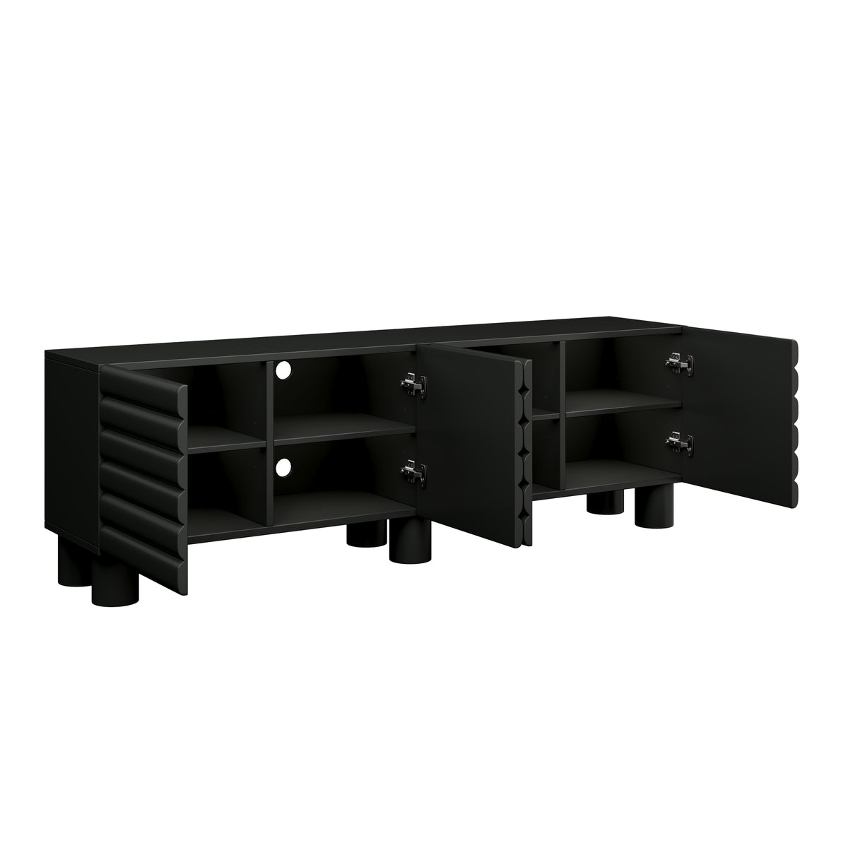 Limited edition matte black MDF media console with cylindrical legs for TVs up to 75 inches by Anthony & Home