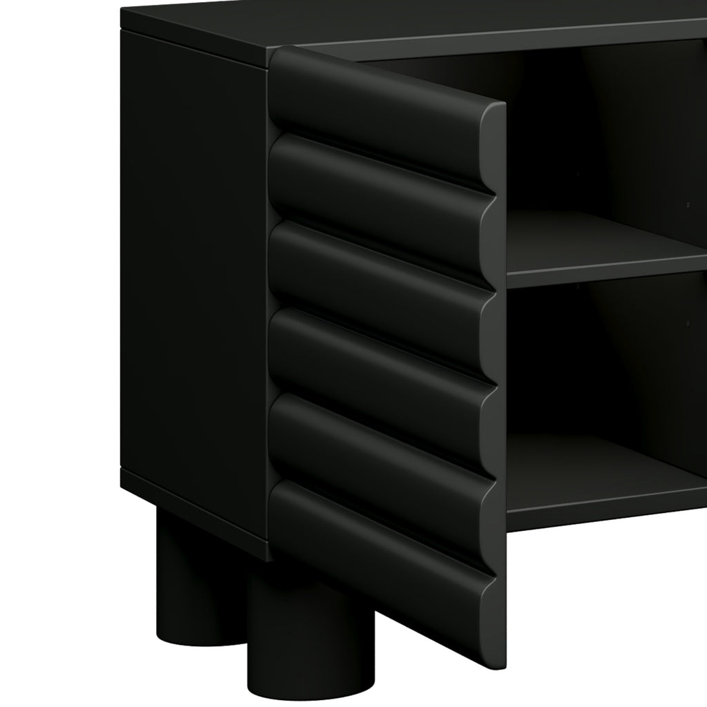 Anthony & Home matte black MDF media console with cylindrical legs, designed for TVs up to 75 inches, modern and sleek look