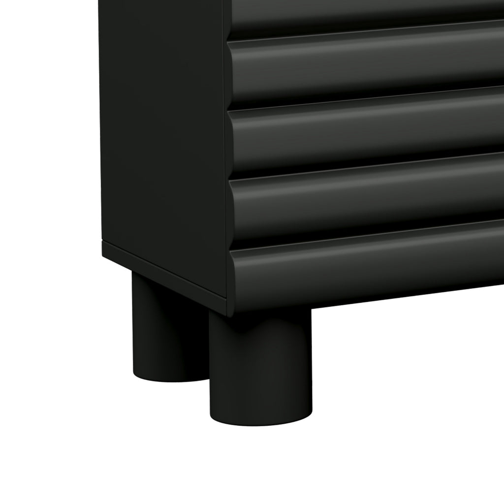 Limited edition matte black MDF media console with cylindrical legs, designed for TVs up to 75 inches, by Anthony & Home.