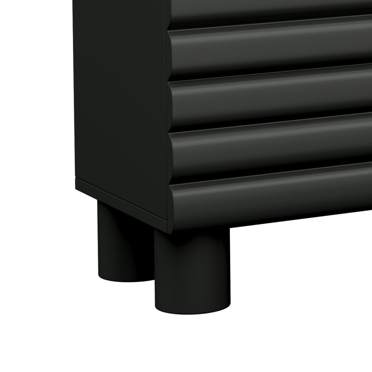 Limited edition matte black MDF media console with cylindrical legs, designed for TVs up to 75 inches, by Anthony & Home.