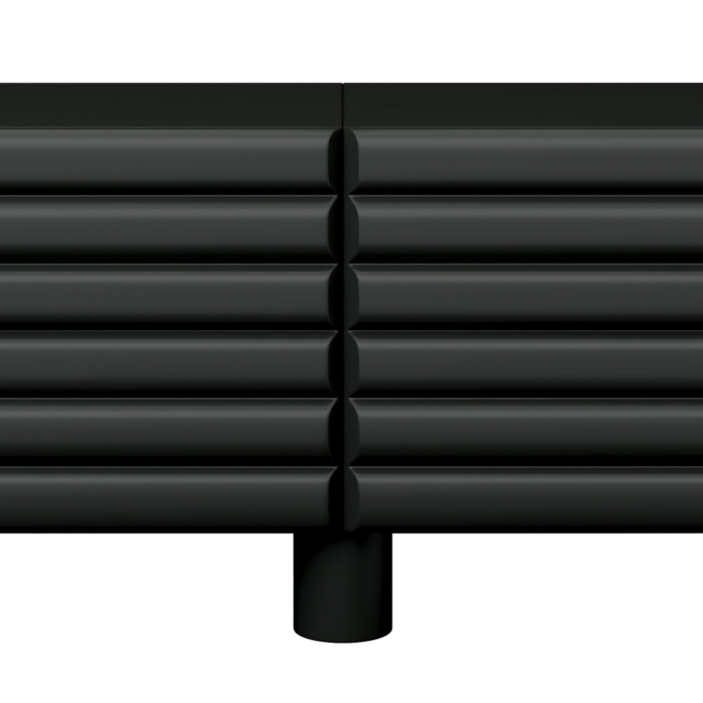Matte black MDF media console with cylindrical legs by Anthony & Home, designed for TVs up to 75 inches.