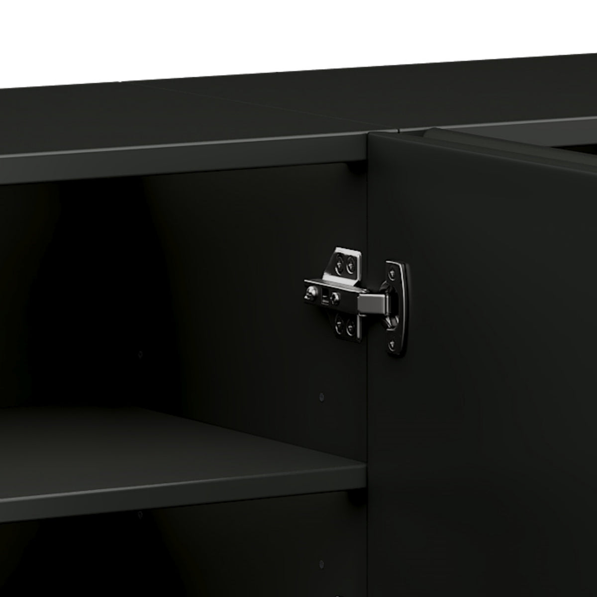 Anthony & Home matte black MDF media console with cylindrical legs, designed for TVs up to 75 inches.