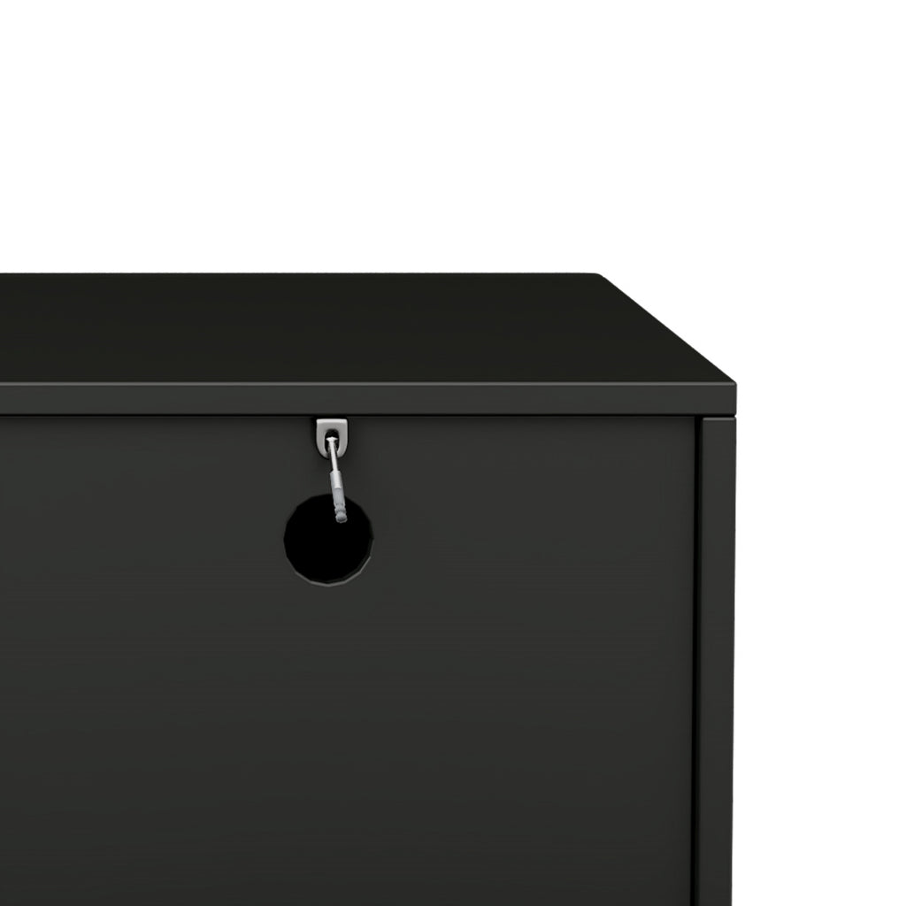 Anthony & Home matte black MDF media console with cylindrical legs for TVs up to 75 inches, modern and sleek design.