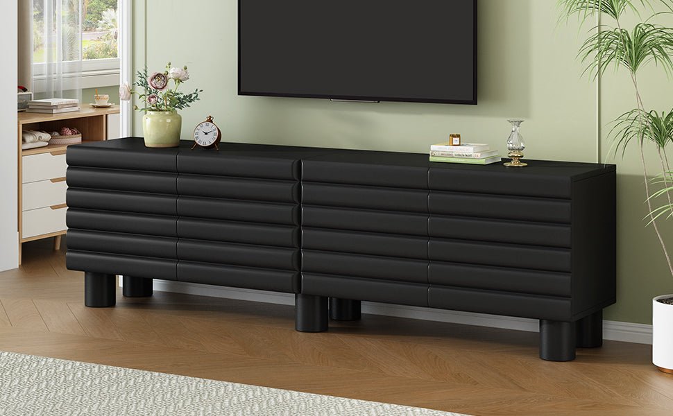 Anthony & Home matte black MDF media console with cylindrical legs, designed for TVs up to 75 inches.