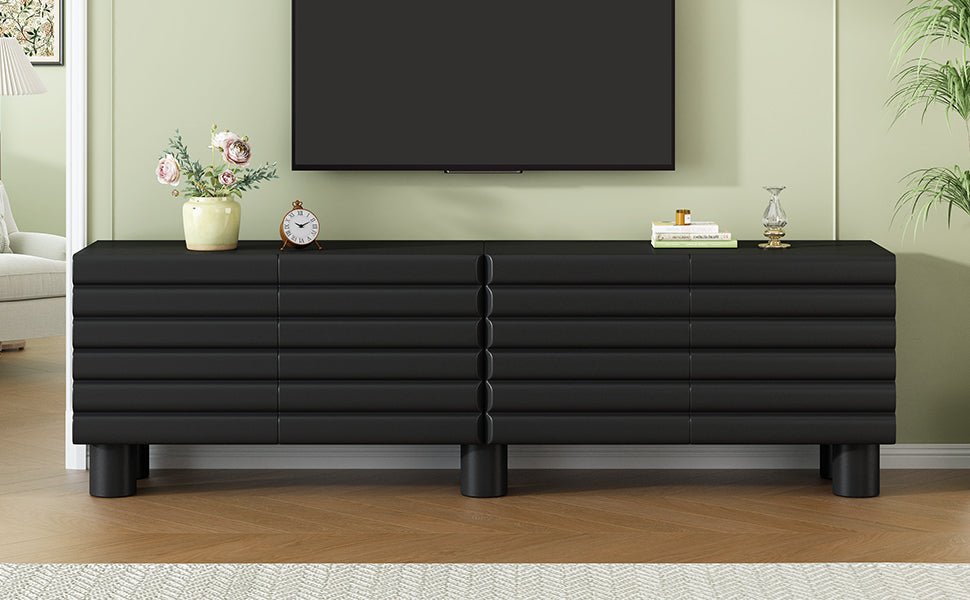 Anthony & Home matte black MDF media console with cylindrical legs, designed for TVs up to 75 inches, modern and stylish.
