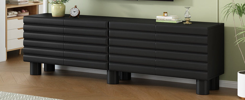 Anthony & Home matte black MDF media console with cylindrical legs, designed for TVs up to 75 inches.
