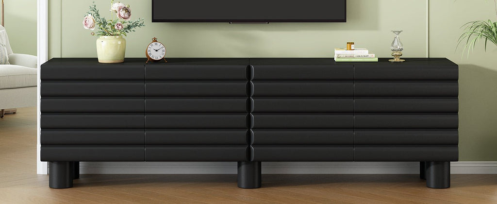 Anthony & Home limited edition matte black MDF media console with cylindrical legs, suitable for TVs up to 75 inches.
