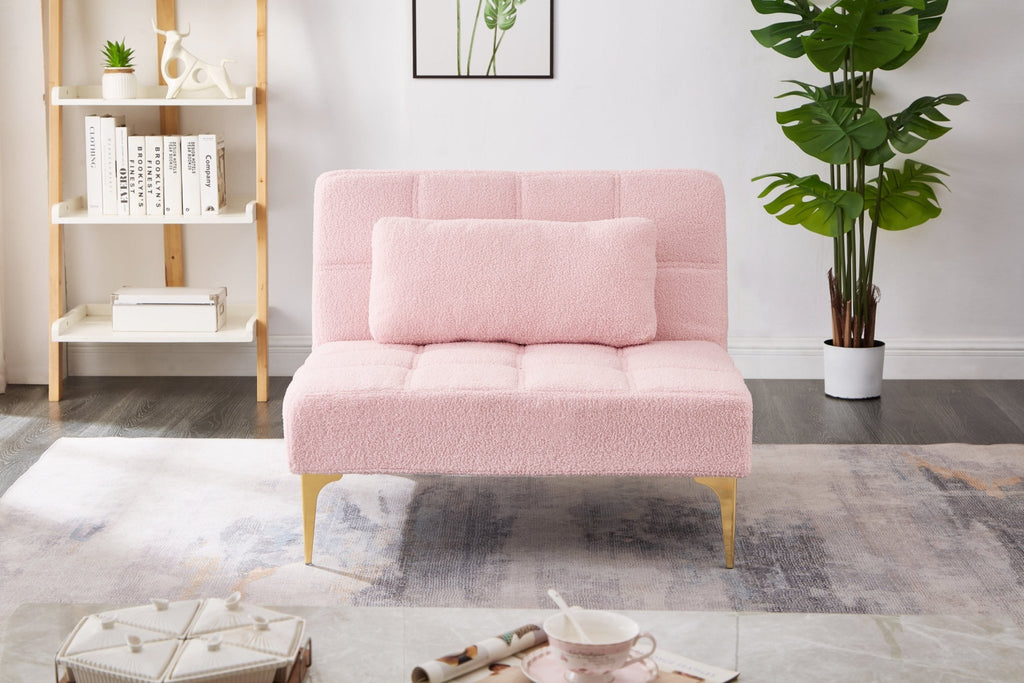 Limited edition pink teddy fabric convertible sofa bed by Anthony & Home with solid eucalyptus wood frame in a modern studio setting.