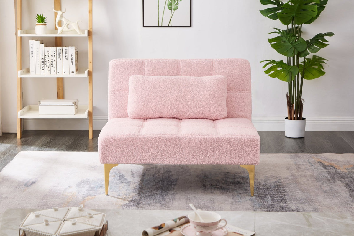 Limited edition pink teddy fabric convertible sofa bed by Anthony & Home with solid eucalyptus wood frame in a modern studio setting.