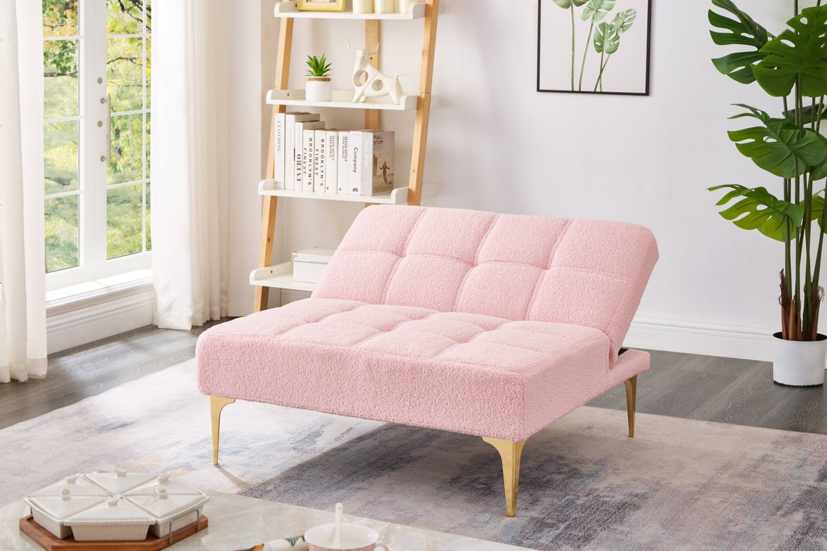 Pink Teddy fabric convertible sofa bed by Anthony & Home with a solid eucalyptus wood frame, ideal for studio spaces.