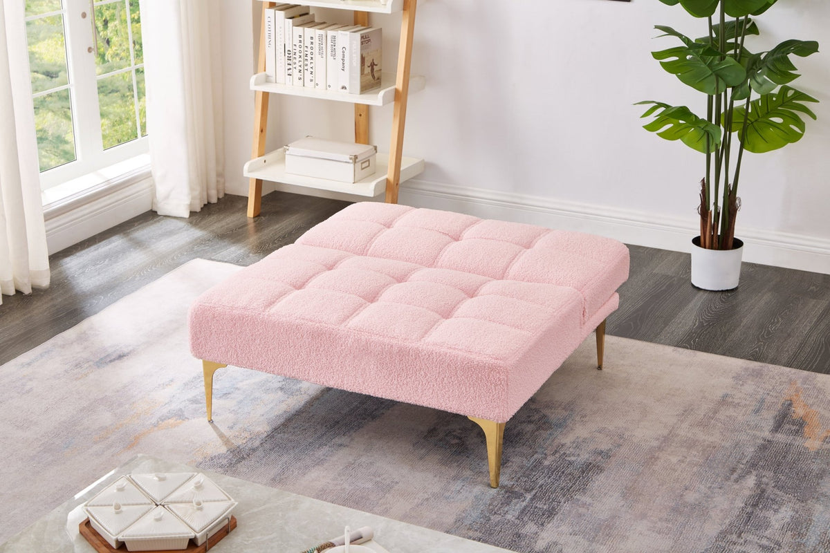 Anthony & Home pink teddy fabric convertible sofa bed with eucalyptus wood frame, showing the plush upholstery and versatile design.