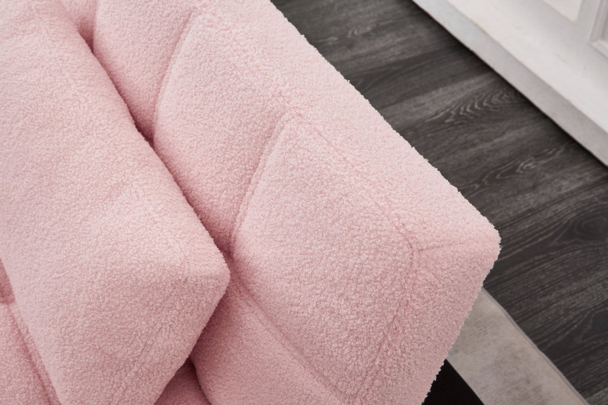 Limited edition pink teddy fabric convertible sofa bed with solid eucalyptus wood frame, suitable for studio spaces by Anthony & Home