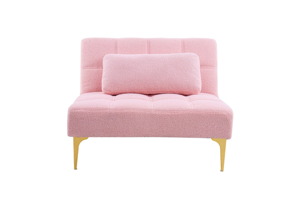 Pink Teddy fabric convertible sofa bed with eucalyptus wood frame, ideal for studio spaces, by Anthony & Home.