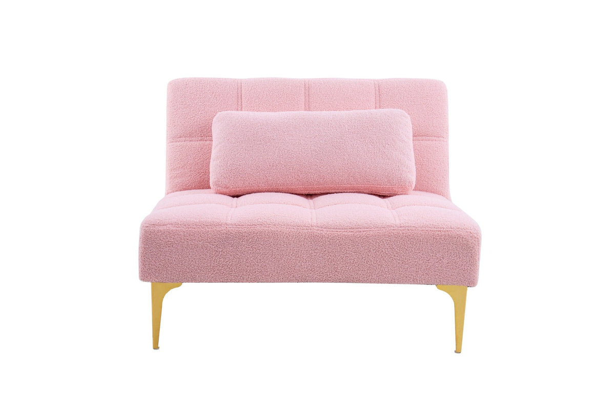 Pink Teddy fabric convertible sofa bed with eucalyptus wood frame, ideal for studio spaces, by Anthony & Home.