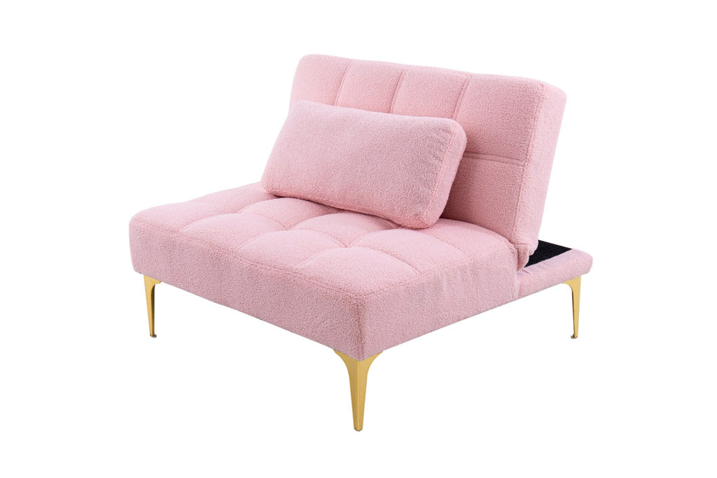 Pink Teddy fabric convertible sofa bed from Anthony & Home with eucalyptus wood frame, shown in sofa and bed positions.