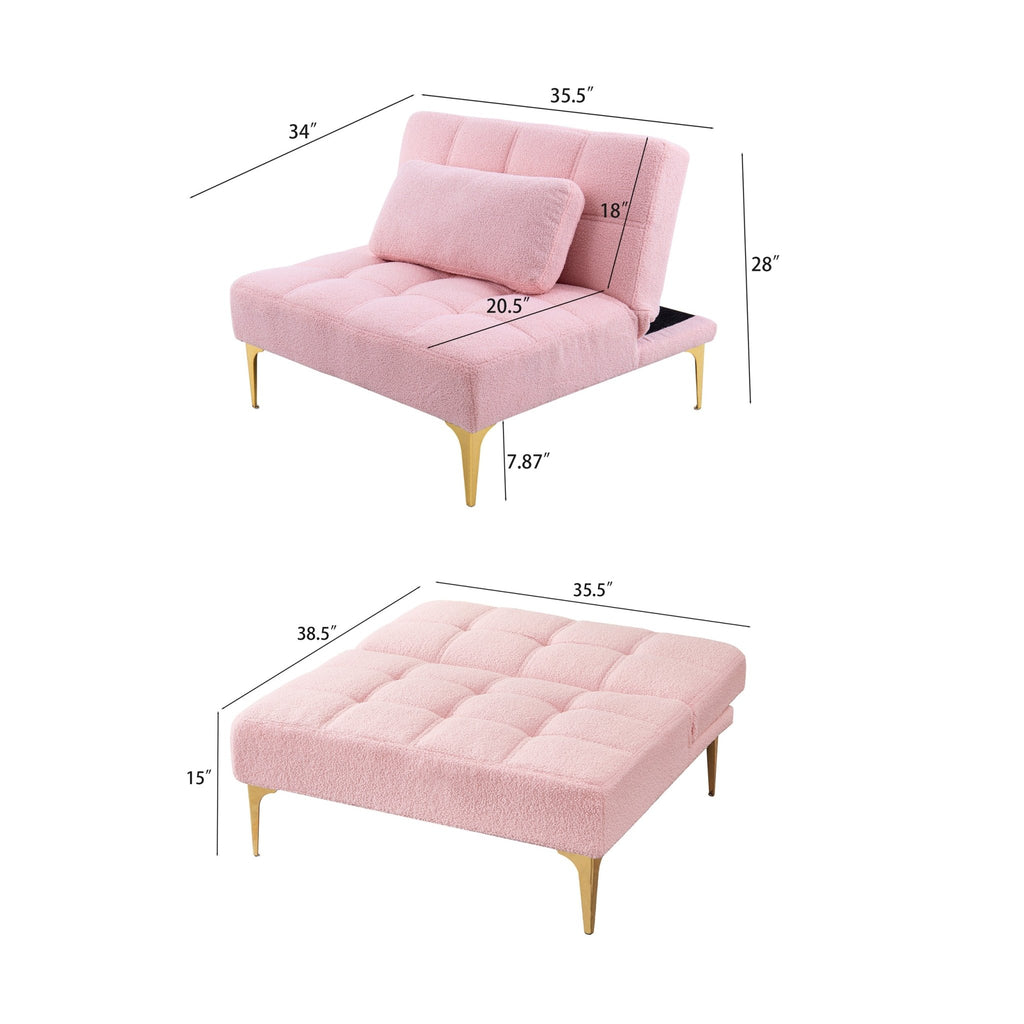 Limited edition pink teddy fabric convertible sofa bed with eucalyptus wood frame, designed by Anthony & Home.