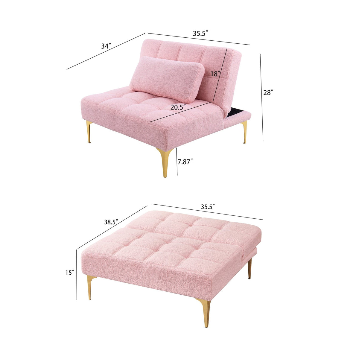 Limited edition pink teddy fabric convertible sofa bed with eucalyptus wood frame, designed by Anthony & Home.