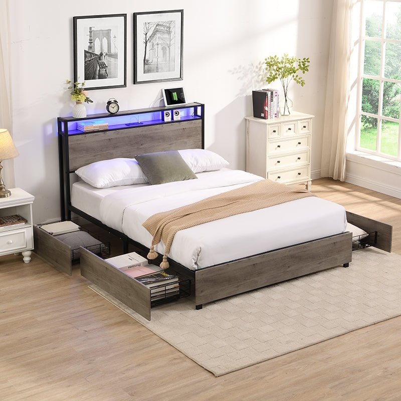 Anthony & Home limited edition queen bed frame with storage headboard, featuring a modern design and built-in storage drawers.