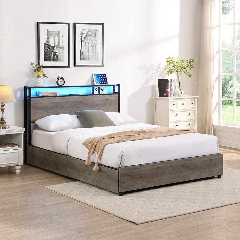 Limited edition Queen bed frame with storage headboard from Anthony & Home, featuring a modern design and built-in storage compartments.