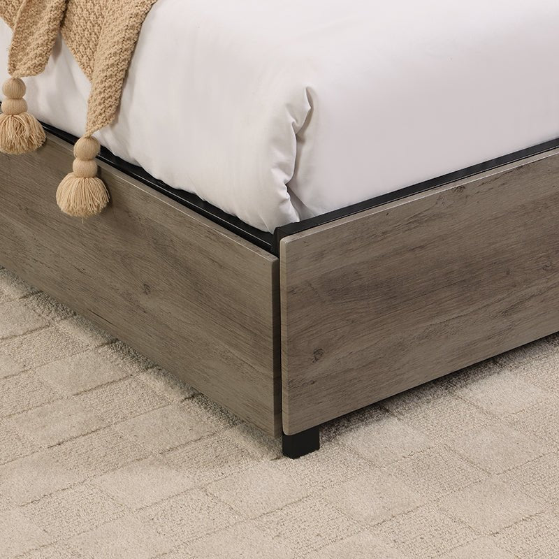 Anthony & Home limited edition queen bed frame with storage headboard, showcasing a stylish wooden design and built-in storage compartments.
