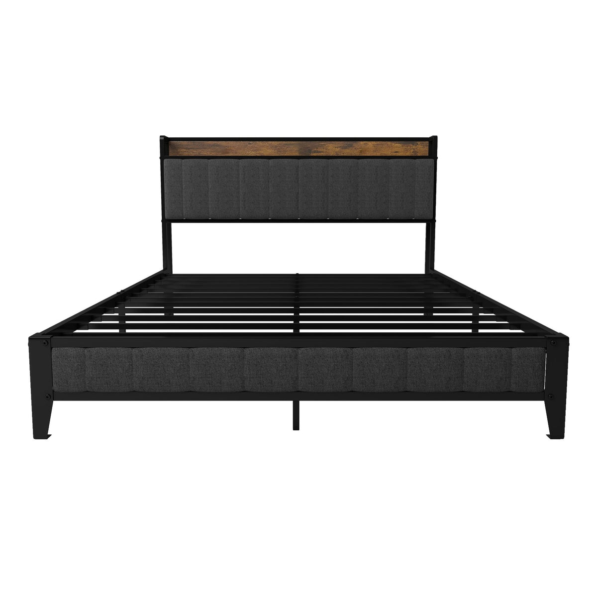 Anthony & Home queen size bed frame with charcoal linen headboard and built-in charging station, modern and stylish bedroom furniture.