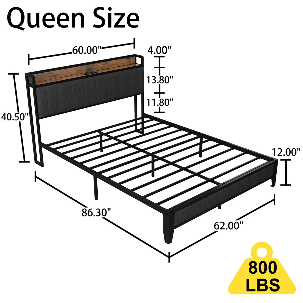 Queen size bed frame by Anthony & Home with charcoal linen headboard and built-in charging station for modern bedrooms.