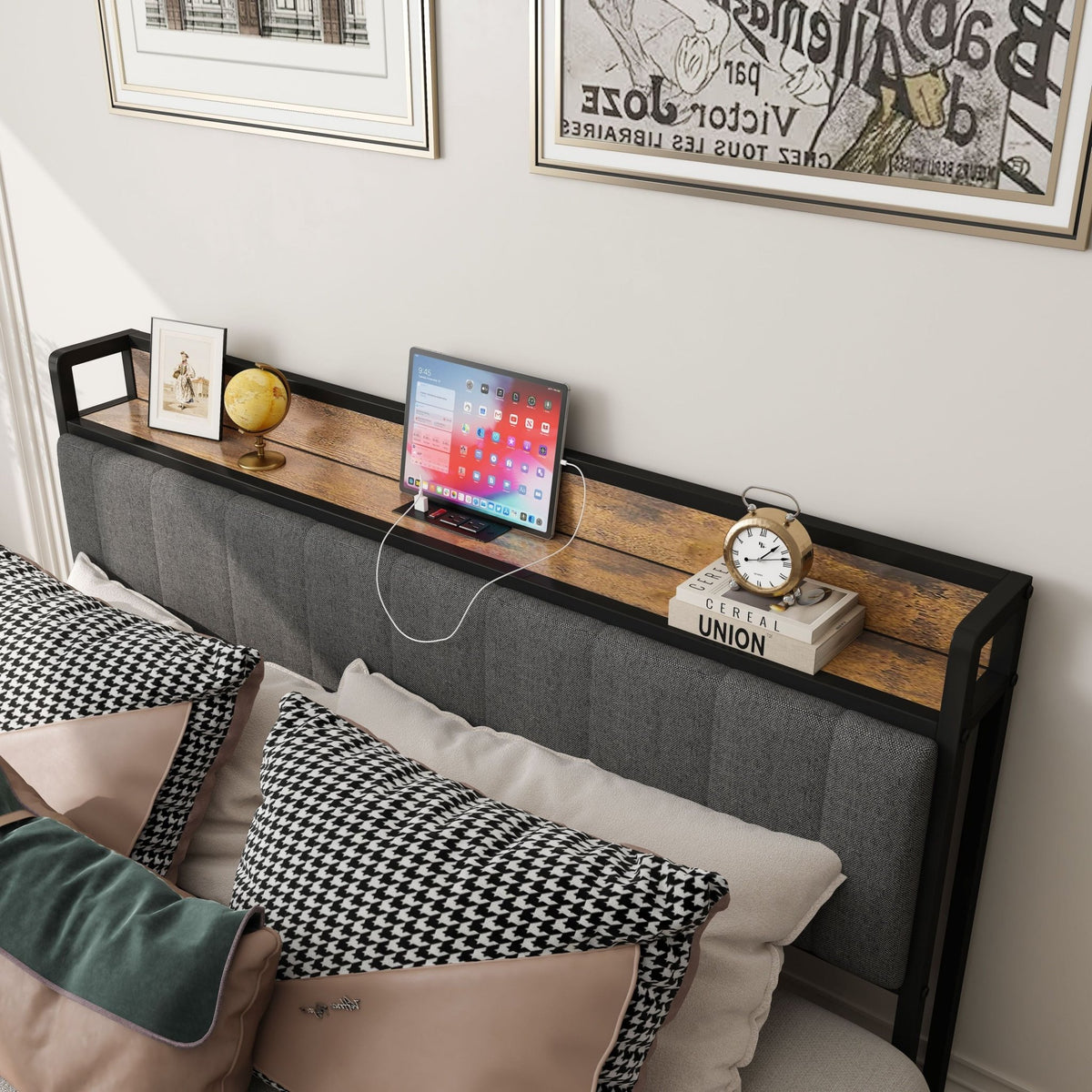 Queen size bed frame with charcoal linen headboard and built-in charging station by Anthony & Home.
