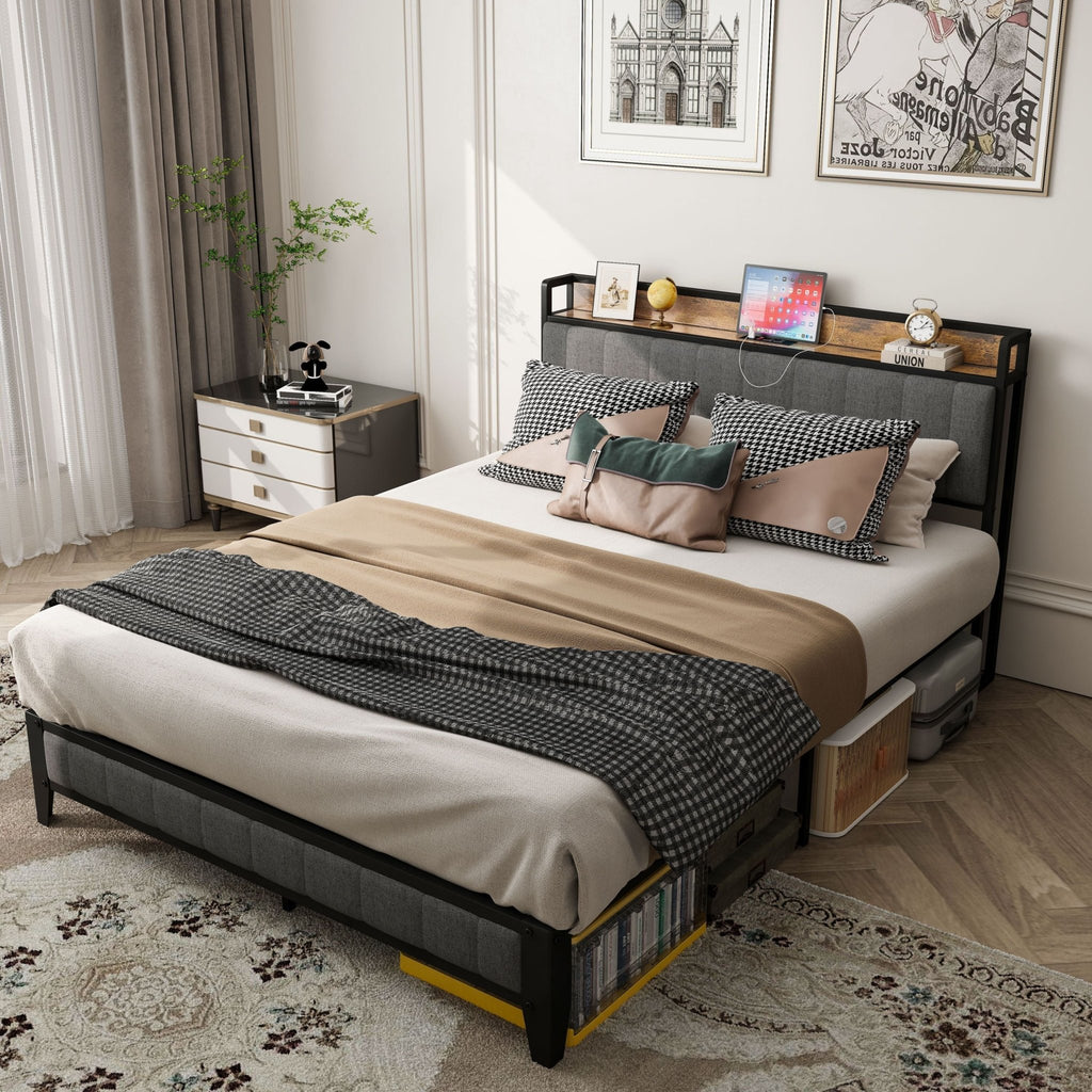 Queen size bed frame by Anthony & Home with charcoal linen headboard and built-in charging station in a modern bedroom setting.
