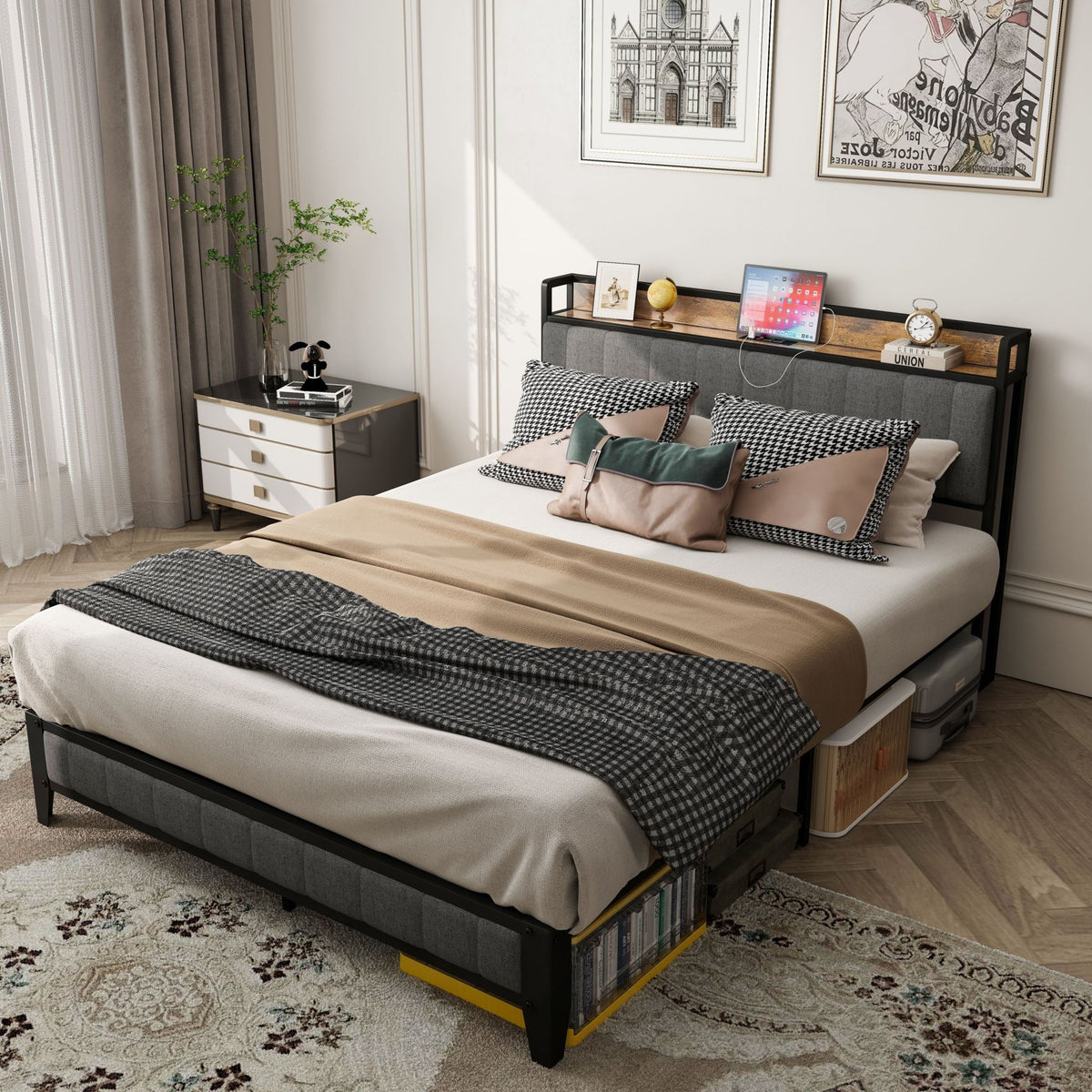Queen size bed frame by Anthony & Home with charcoal linen headboard and built-in charging station in a modern bedroom setting.