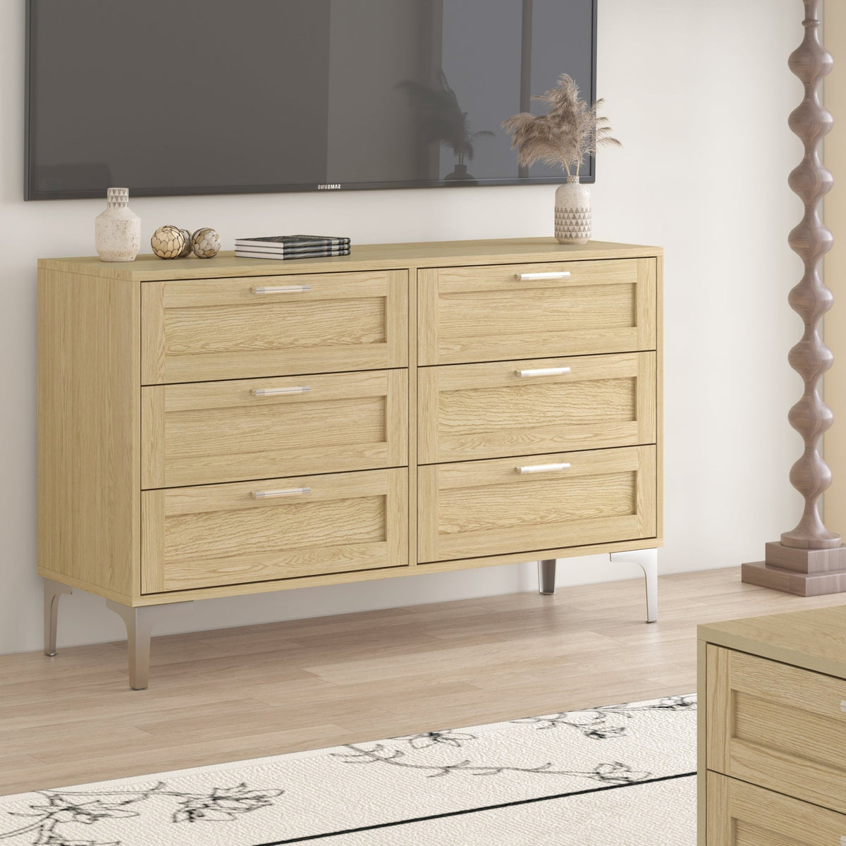 Limited edition six-drawer dresser in light oak engineered wood with polished silver legs by Anthony & Home.