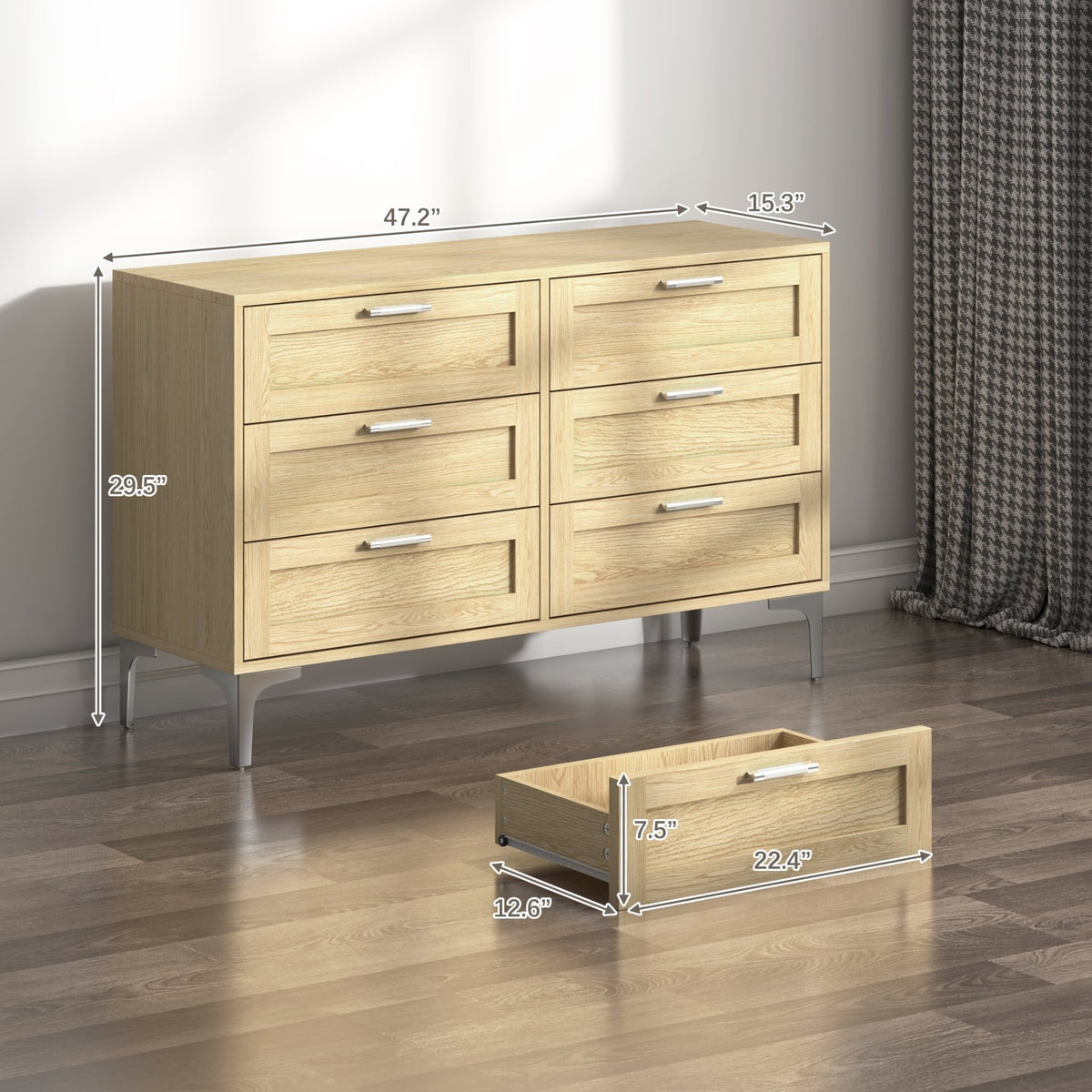 Anthony & Home limited edition six-drawer dresser in light oak engineered wood with polished silver legs, stylish storage furniture.