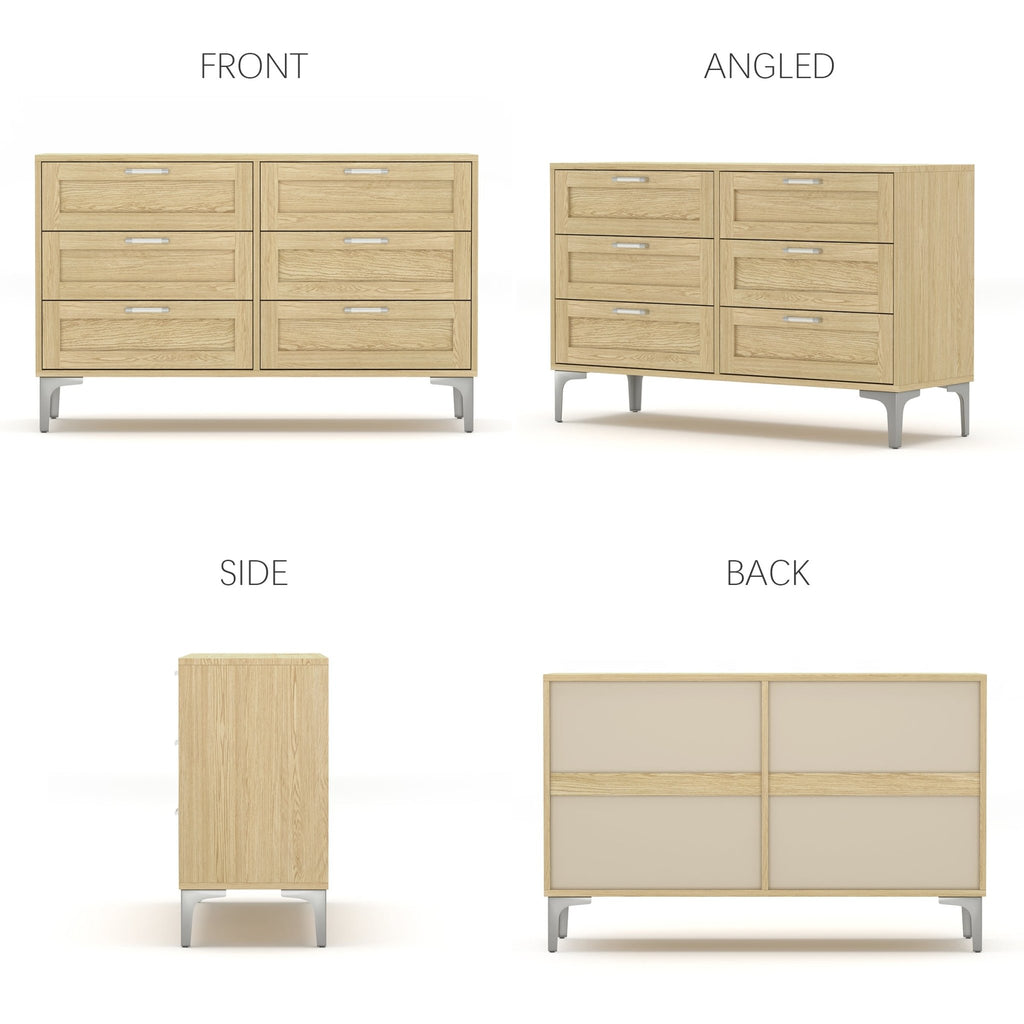 Limited edition light oak six-drawer dresser by Anthony & Home with polished silver legs, showcasing sleek engineered wood design.